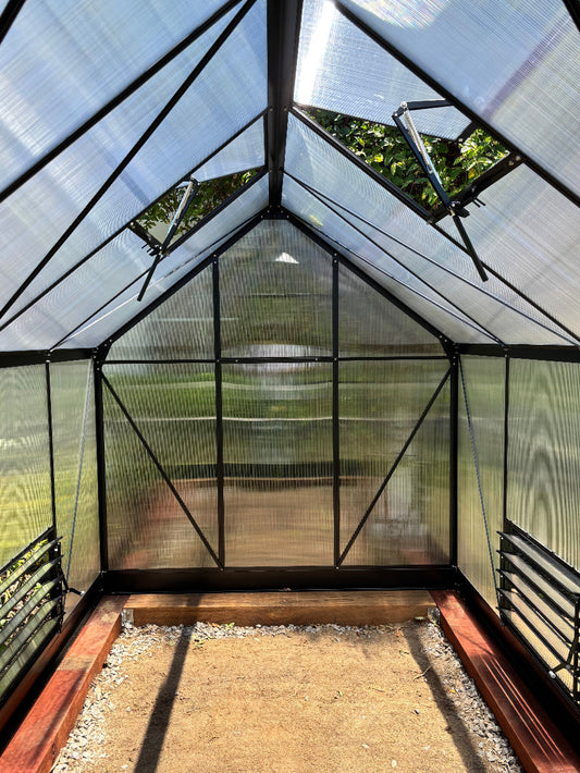 inside small aluminium greenhouse