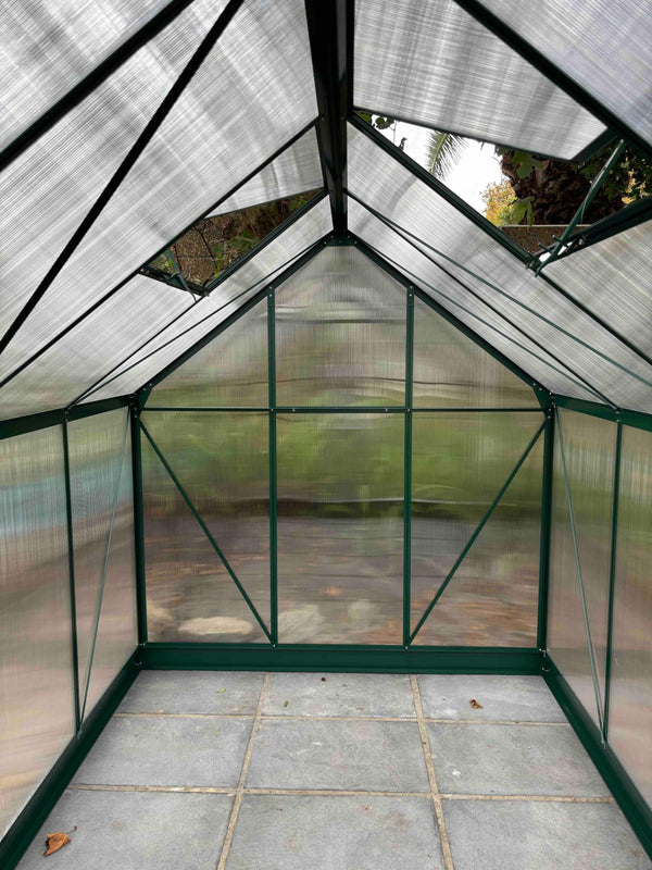 Interior of small aluminium-frame greenhouse with clear polycarbonate panels, South Africa