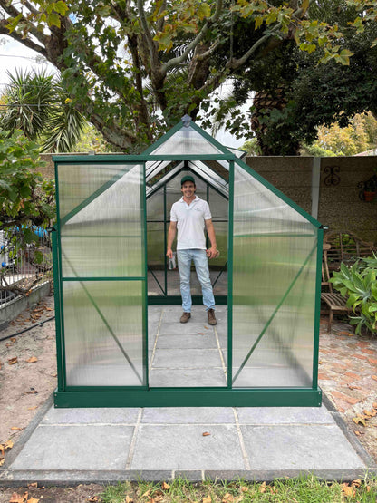 Aluminium-frame greenhouse with polycarbonate panels set up outdoors, man standing inside