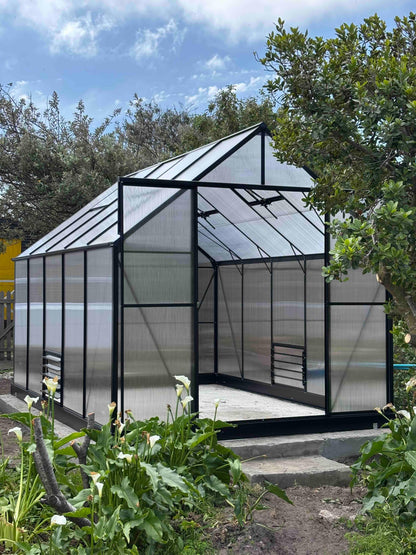 Backyard aluminum-frame greenhouse with polycarbonate panels surrounded by plants