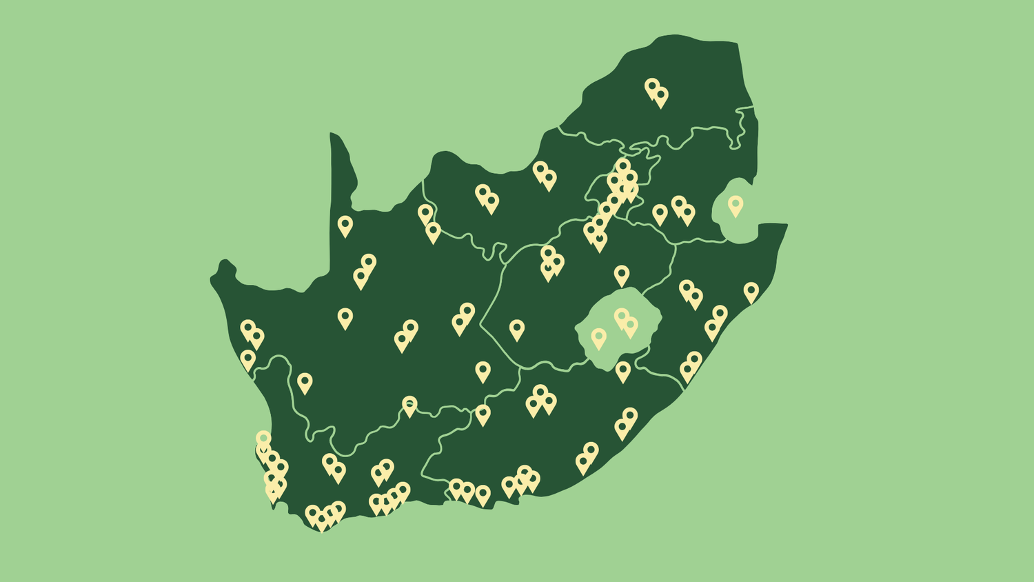 Map of South Africa with yellow location markers on a green background
